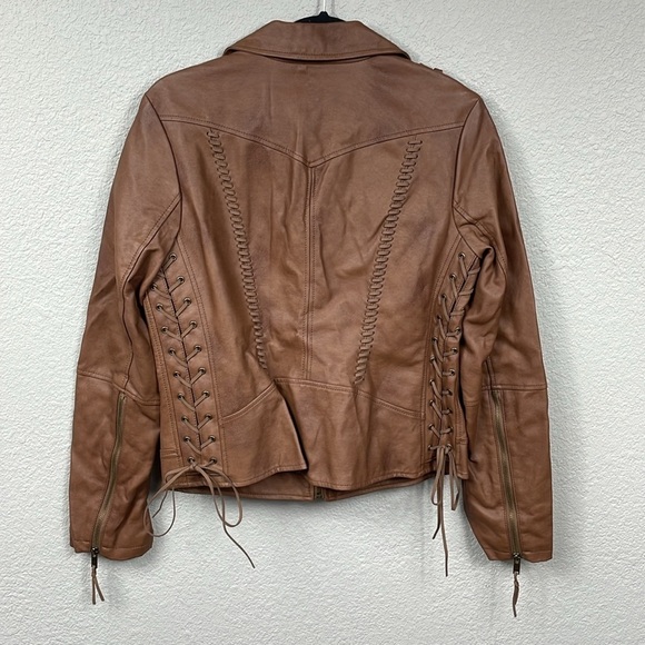 Coffee Shop Faux Leather Vegan Jacket Boho Moto Lace Up Ties Brown Sz L - Picture 8 of 14